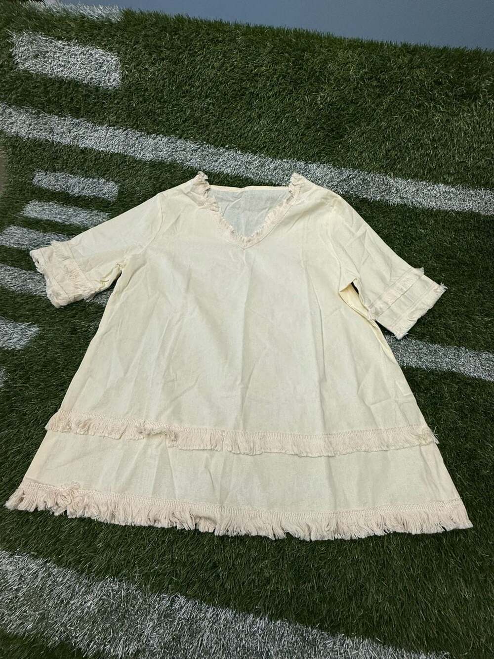 Women's V-Neck Short Sleeve Casual Fringe T-Shirt Dress Cream Size XL